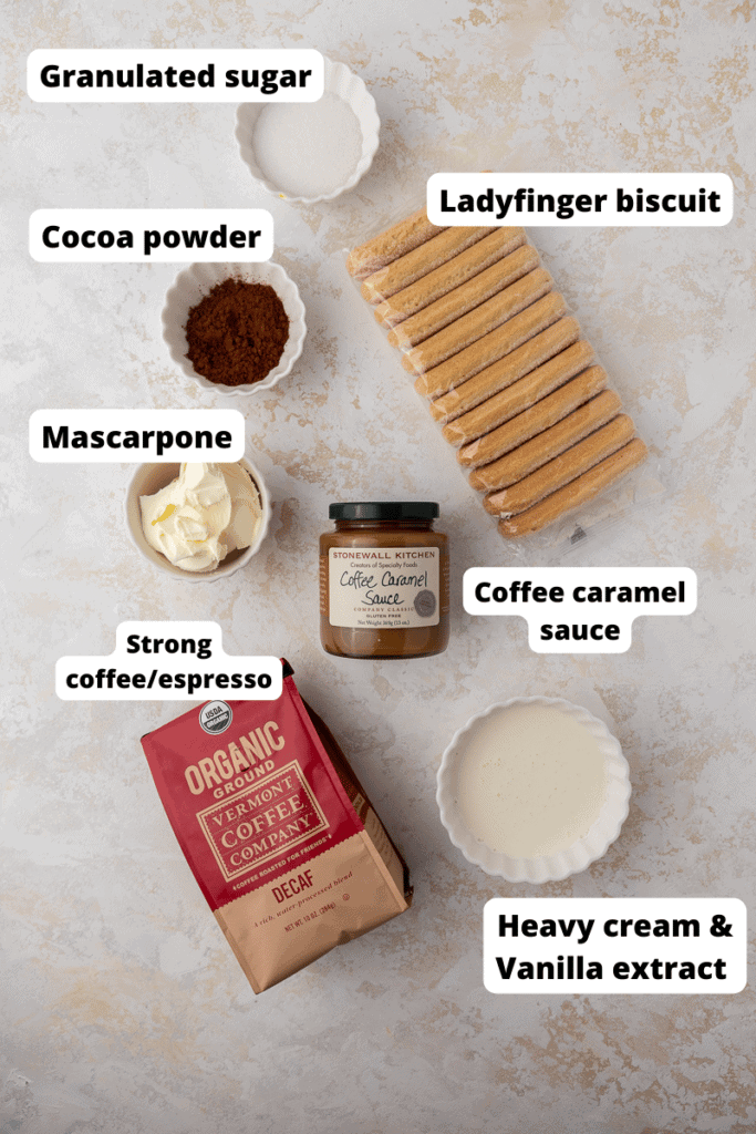 Ingrédients pour le tiramisu au caramel